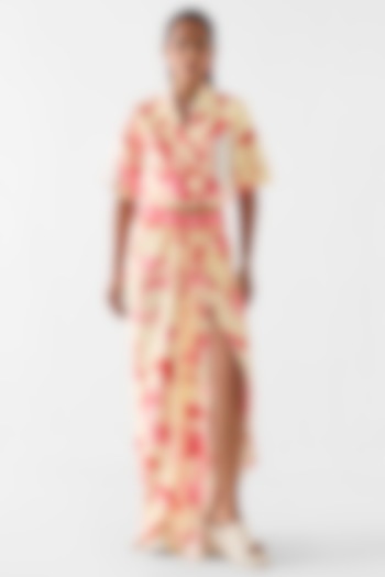 Cream Vegan Silk Printed Skirt Set by Studio Rigu at Pernia's Pop Up Shop