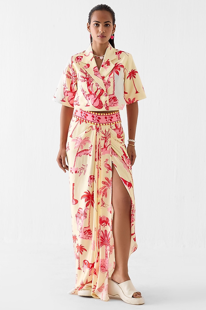 Cream Vegan Silk Printed Skirt Set by Studio Rigu at Pernia's Pop Up Shop