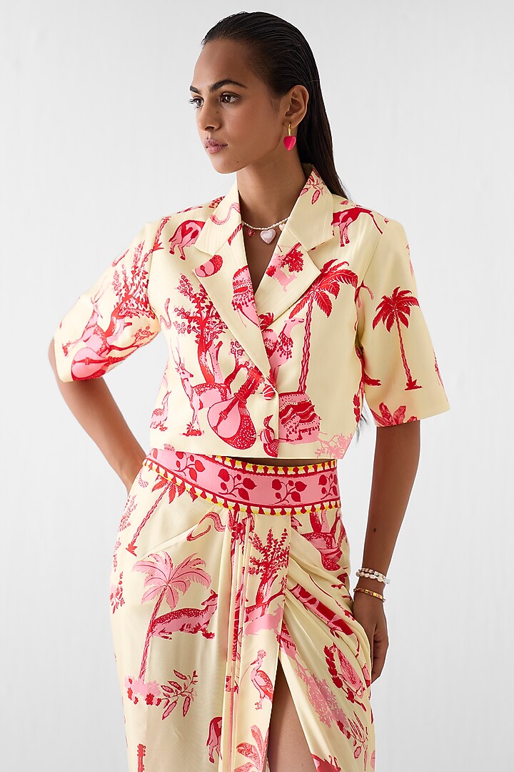 Cream Vegan Silk Printed Skirt Set by Studio Rigu at Pernia's Pop Up Shop
