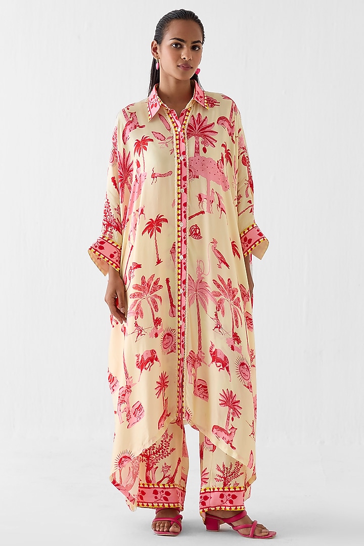 Cream Vegan Silk Printed Kimono Kurta Set by Studio Rigu at Pernia's Pop Up Shop