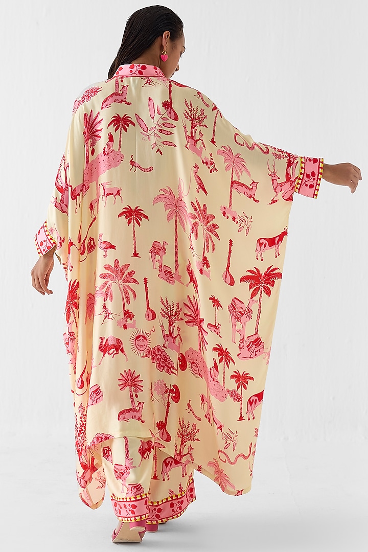 Cream Vegan Silk Printed Kimono Kurta Set by Studio Rigu at Pernia's Pop Up Shop
