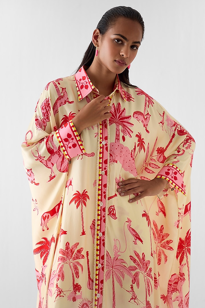 Cream Vegan Silk Printed Kimono Kurta Set by Studio Rigu at Pernia's Pop Up Shop