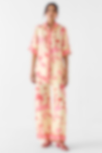 Cream Vegan Silk Printed Co-Ord Set by Studio Rigu at Pernia's Pop Up Shop