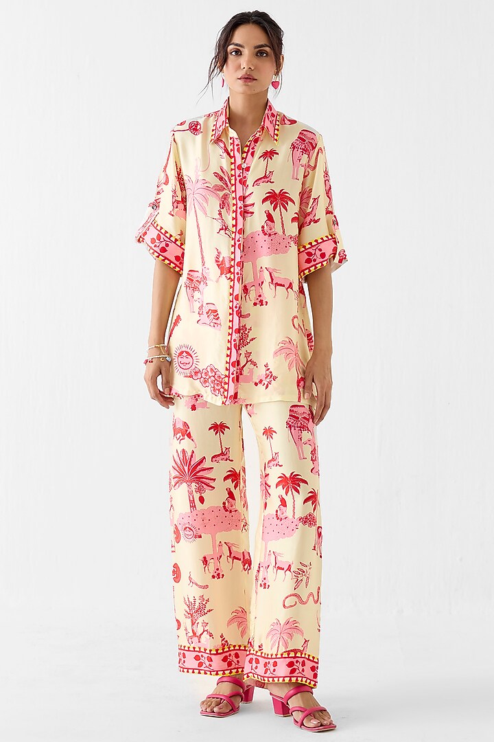 Cream Vegan Silk Printed Co-Ord Set by Studio Rigu at Pernia's Pop Up Shop