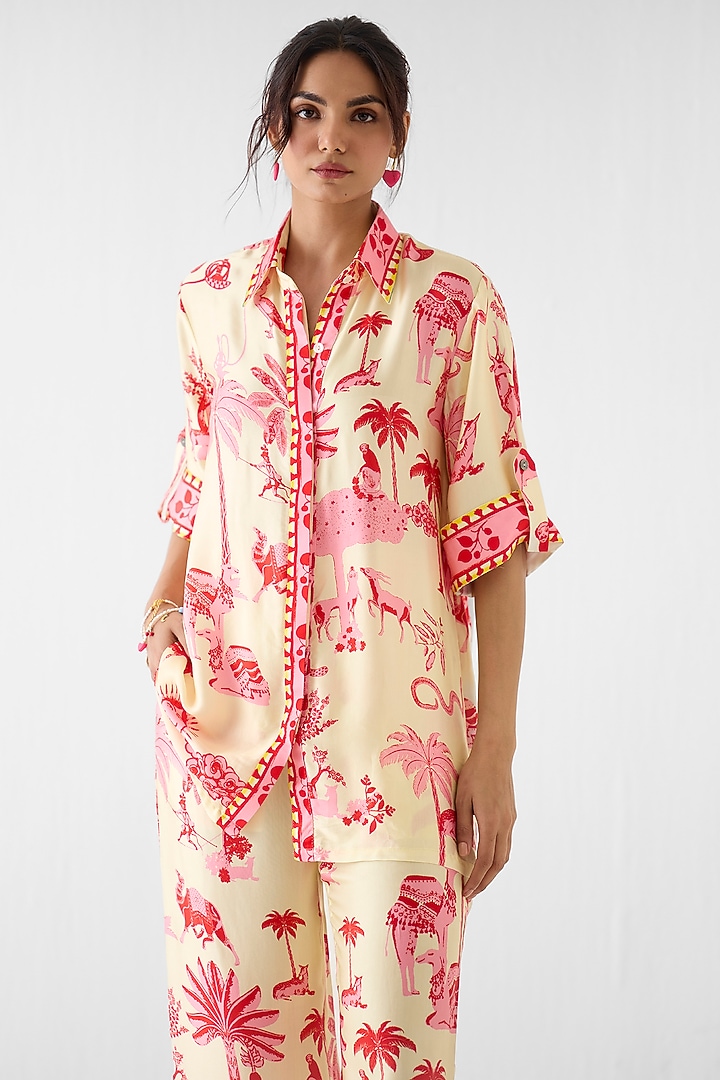 Cream Vegan Silk Printed Co-Ord Set by Studio Rigu at Pernia's Pop Up Shop