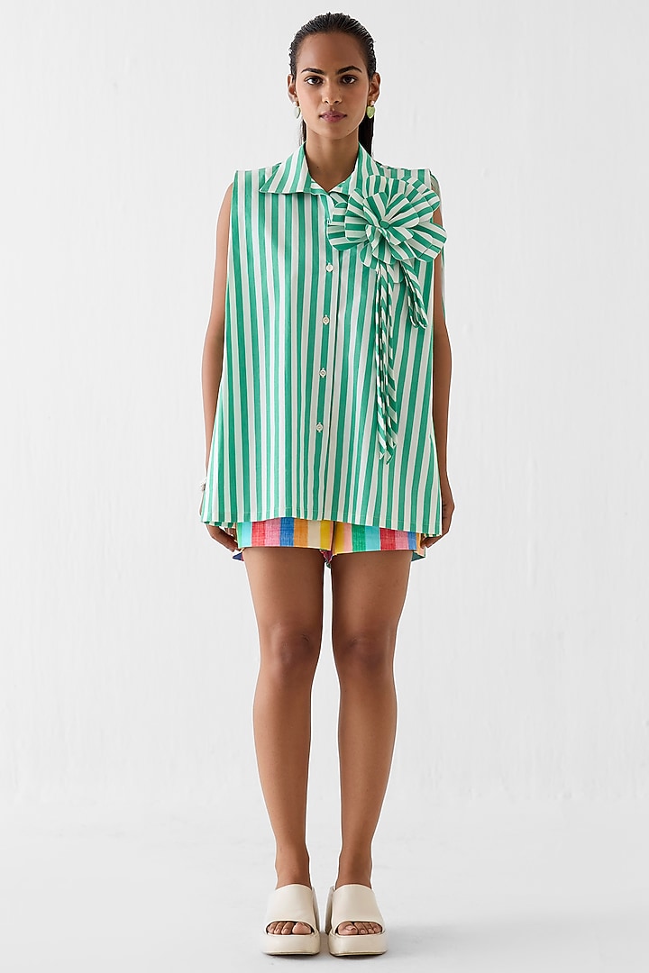 Green Poplin Stripe Printed Shirt by Studio Rigu at Pernia's Pop Up Shop