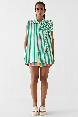 Green Poplin Stripe Printed Shirt by Studio Rigu