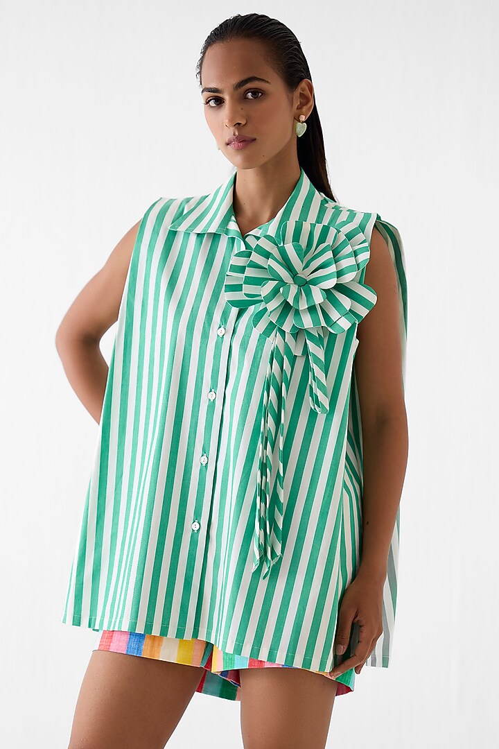 Green Poplin Stripe Printed Shirt by Studio Rigu at Pernia's Pop Up Shop