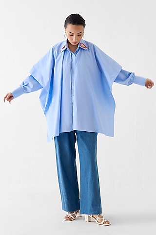 Sky Blue Poplin Stripe Printed Asymmetric Shirt by Studio Rigu