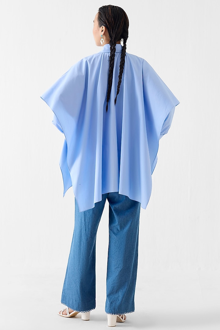 Sky Blue Poplin Stripe Printed Asymmetric Shirt by Studio Rigu at Pernia's Pop Up Shop