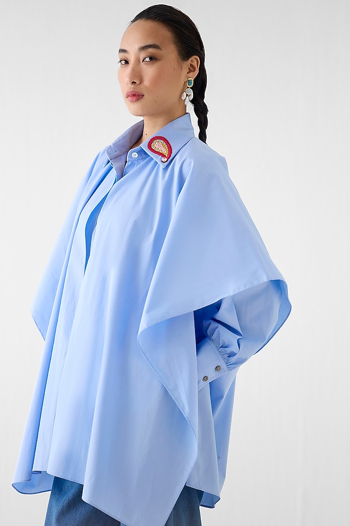 Sky Blue Poplin Stripe Printed Asymmetric Shirt by Studio Rigu at Pernia's Pop Up Shop