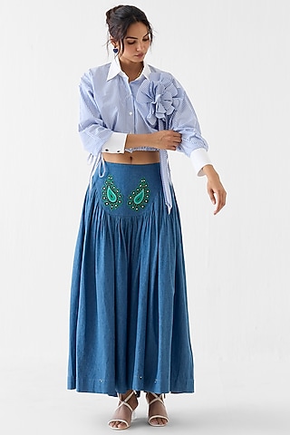 Sky Blue Poplin Stripe Printed Crop Shirt by Studio Rigu