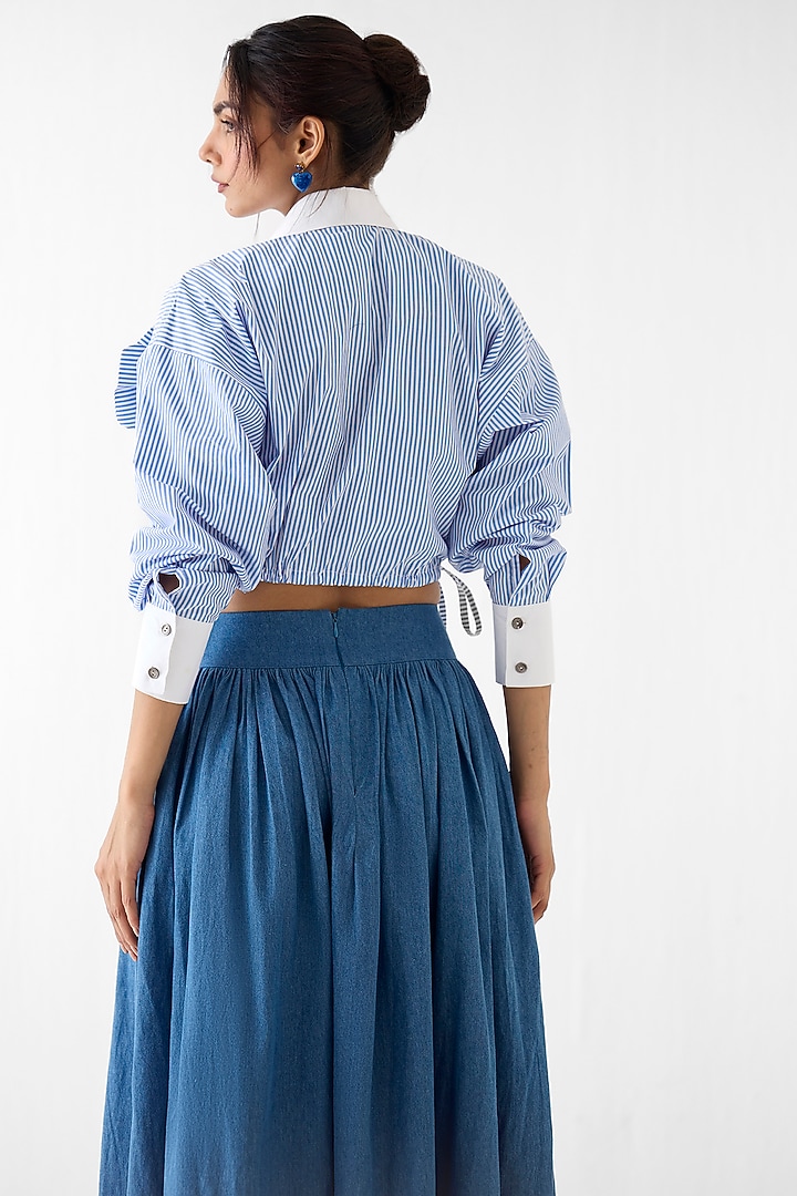 Sky Blue Poplin Stripe Printed Crop Shirt by Studio Rigu at Pernia's Pop Up Shop