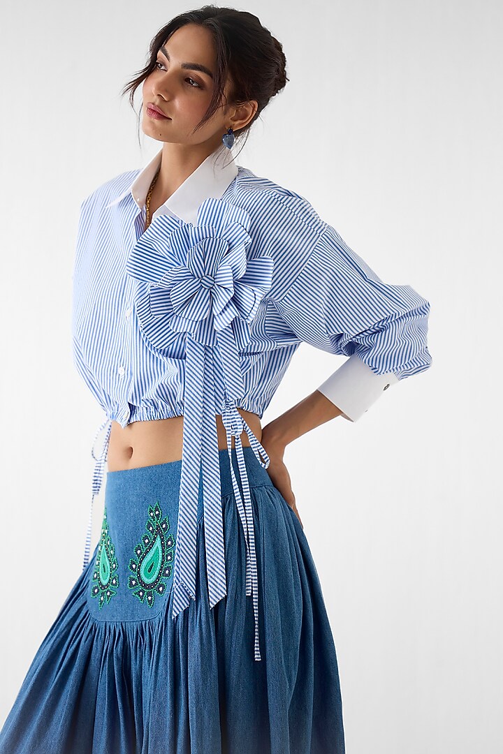 Sky Blue Poplin Stripe Printed Crop Shirt by Studio Rigu at Pernia's Pop Up Shop