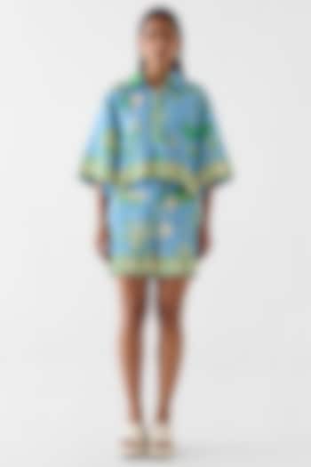 Blue Linen Printed Co-Ord Set by Studio Rigu at Pernia's Pop Up Shop