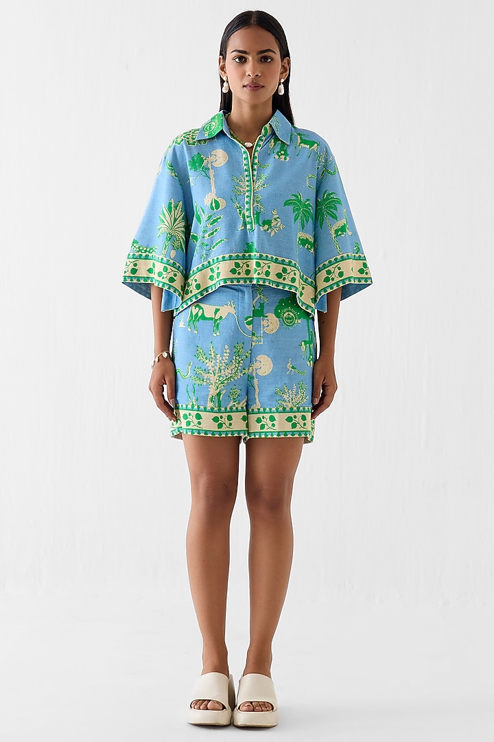 Blue Linen Printed Co-Ord Set by Studio Rigu at Pernia's Pop Up Shop