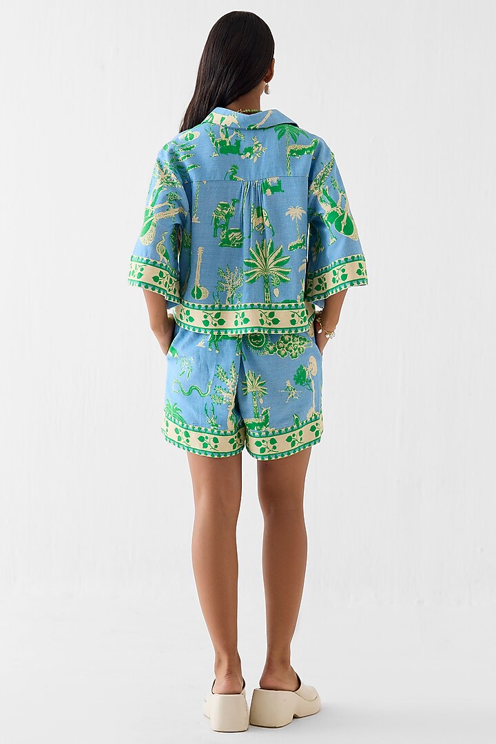 Blue Linen Printed Co-Ord Set by Studio Rigu at Pernia's Pop Up Shop