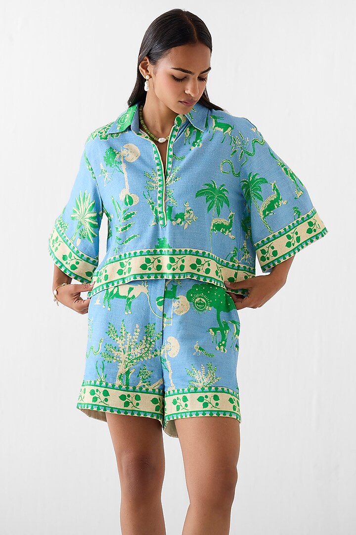 Blue Linen Printed Co-Ord Set by Studio Rigu at Pernia's Pop Up Shop