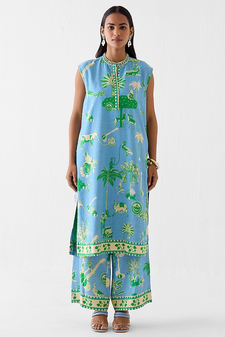 Blue Linen Printed Kurta Set by Studio Rigu at Pernia's Pop Up Shop