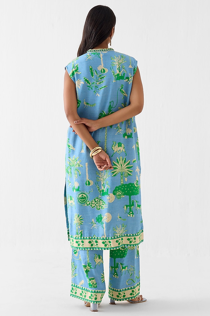 Blue Linen Printed Kurta Set by Studio Rigu at Pernia's Pop Up Shop