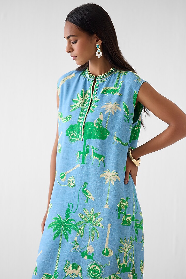 Blue Linen Printed Kurta Set by Studio Rigu at Pernia's Pop Up Shop