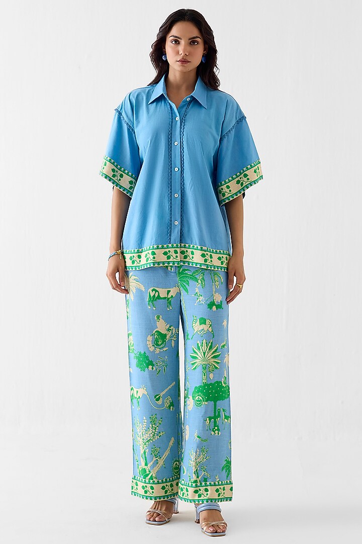 Blue Linen Hand-Dye Printed Co-Ord Set by Studio Rigu at Pernia's Pop Up Shop