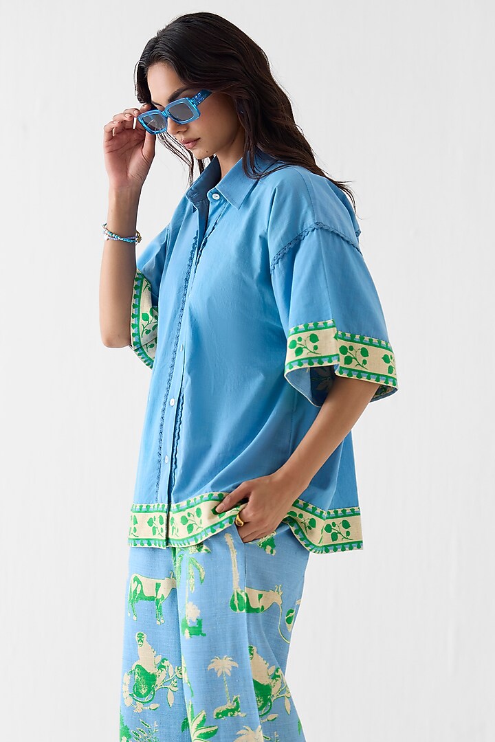 Blue Linen Hand-Dye Printed Co-Ord Set by Studio Rigu at Pernia's Pop Up Shop