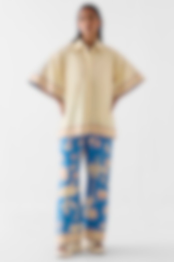 Cream & Blue Linen Hand-Dye Printed Co-Ord Set by Studio Rigu at Pernia's Pop Up Shop