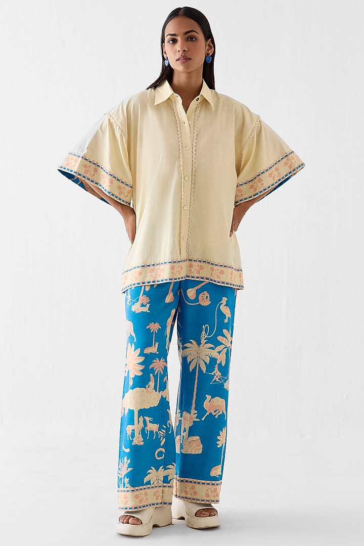 Cream & Blue Linen Hand-Dye Printed Co-Ord Set by Studio Rigu at Pernia's Pop Up Shop