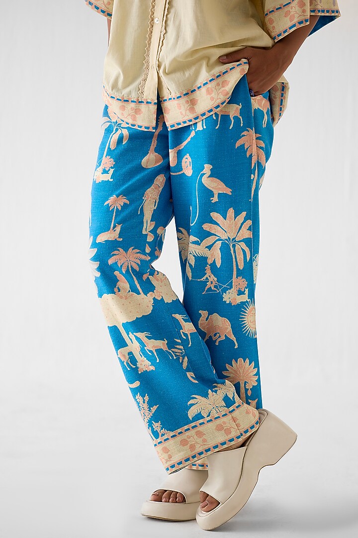Cream & Blue Linen Hand-Dye Printed Co-Ord Set by Studio Rigu at Pernia's Pop Up Shop