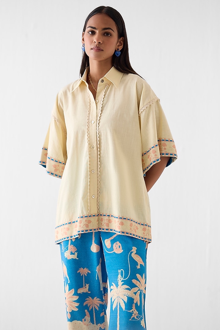 Cream & Blue Linen Hand-Dye Printed Co-Ord Set by Studio Rigu at Pernia's Pop Up Shop