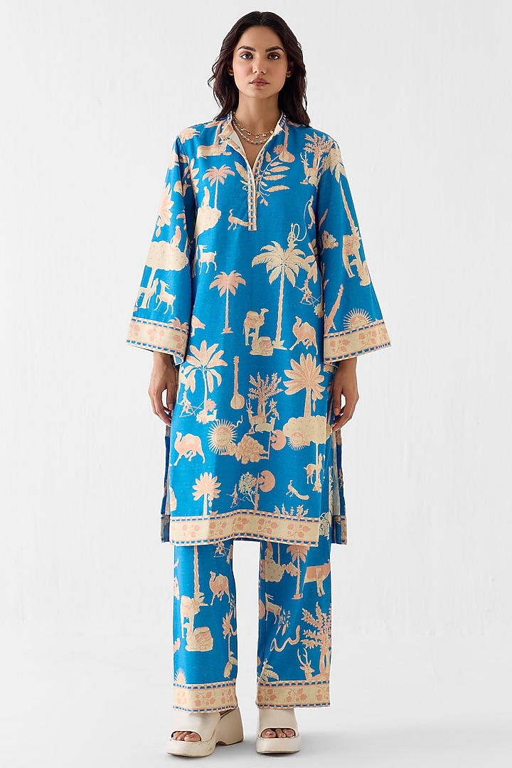Blue Linen Printed Kurta Set by Studio Rigu at Pernia's Pop Up Shop