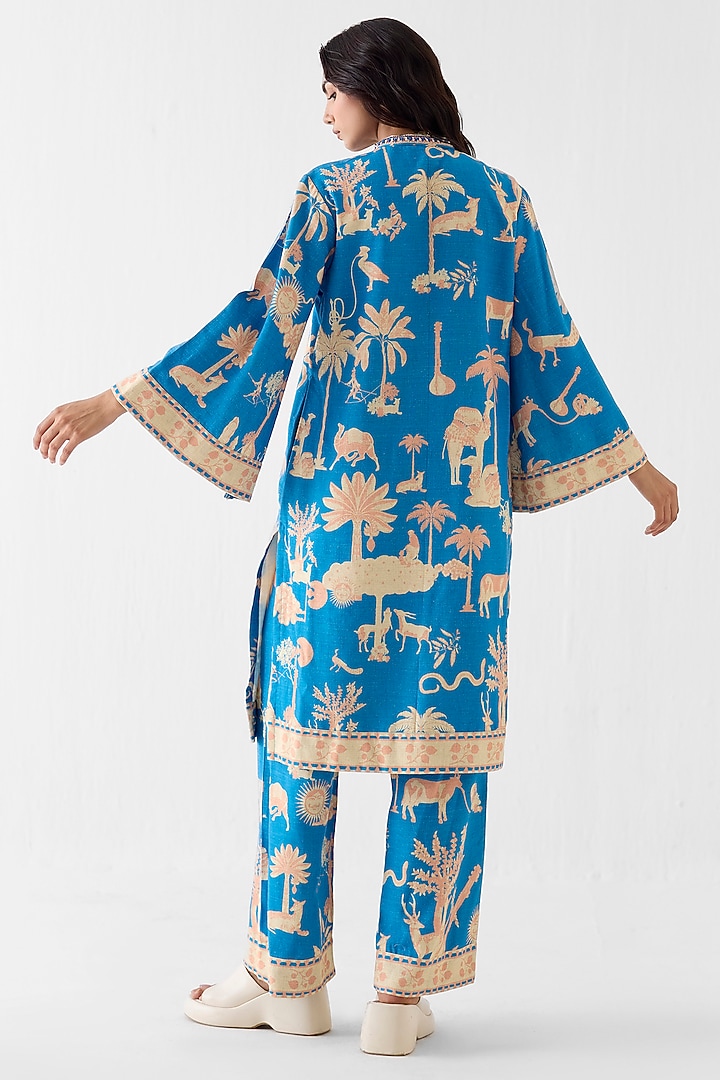 Blue Linen Printed Kurta Set by Studio Rigu at Pernia's Pop Up Shop