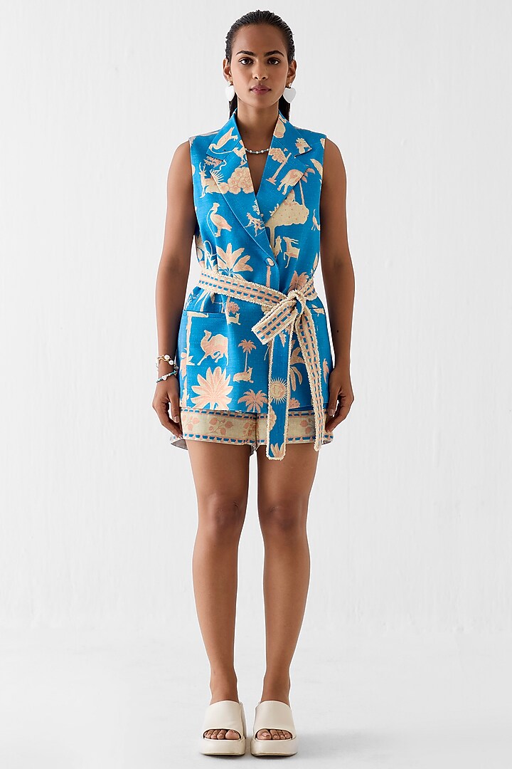 Blue Linen Printed Co-Ord Set by Studio Rigu at Pernia's Pop Up Shop