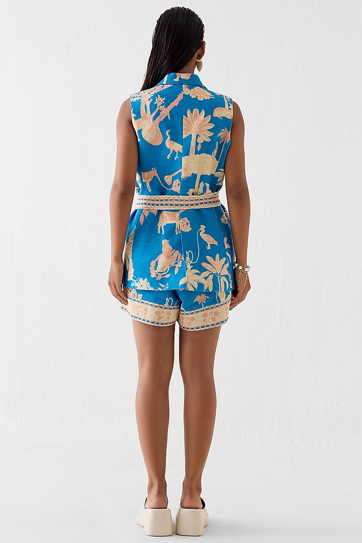 Blue Linen Printed Co-Ord Set by Studio Rigu at Pernia's Pop Up Shop