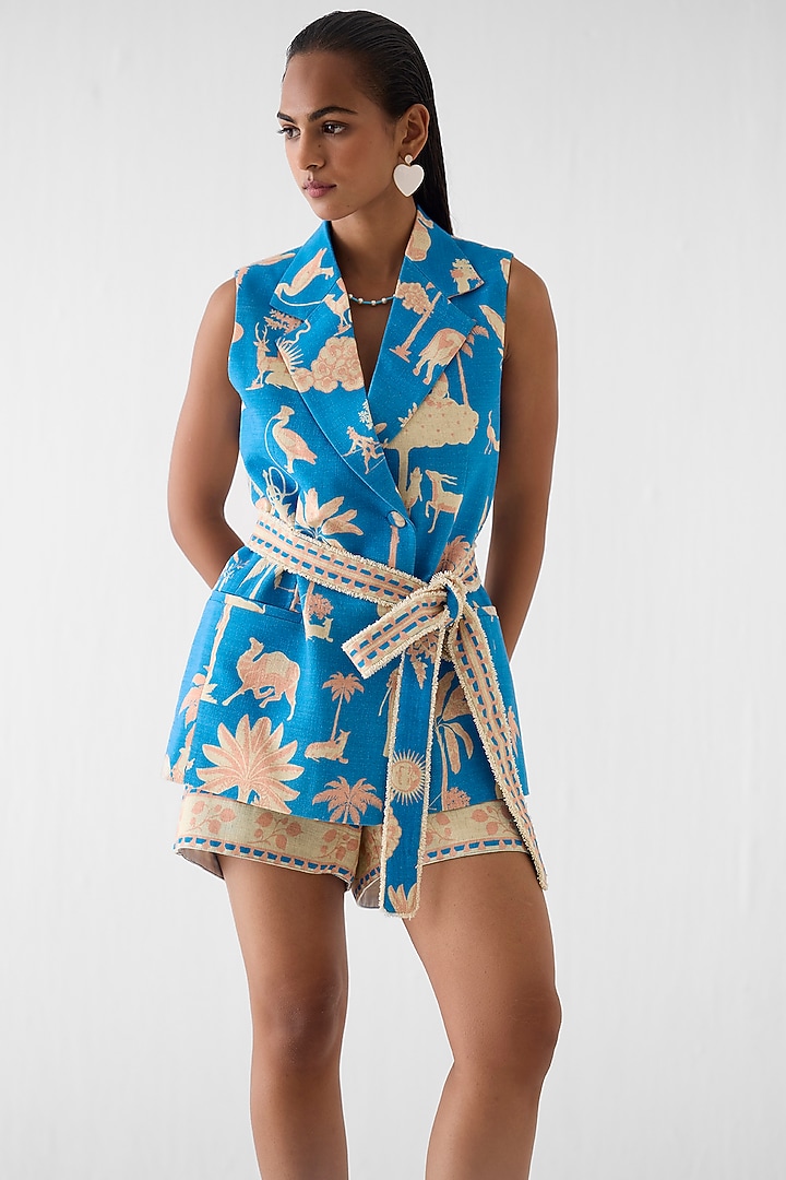 Blue Linen Printed Co-Ord Set by Studio Rigu at Pernia's Pop Up Shop