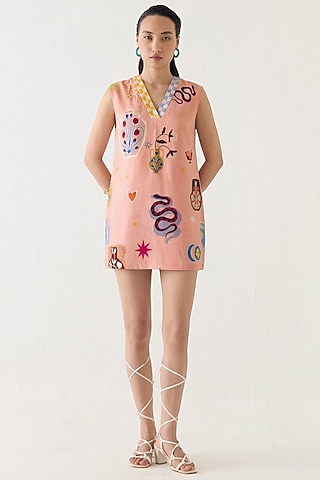 Peach Linen Hand Painted Mini Dress by Studio Rigu