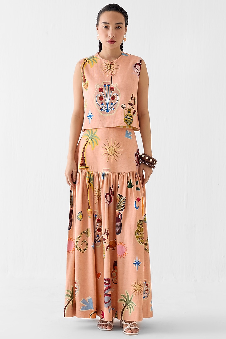 Peach Linen Hand Painted Skirt Set by Studio Rigu at Pernia's Pop Up Shop