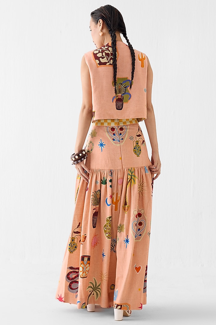 Peach Linen Hand Painted Skirt Set by Studio Rigu at Pernia's Pop Up Shop