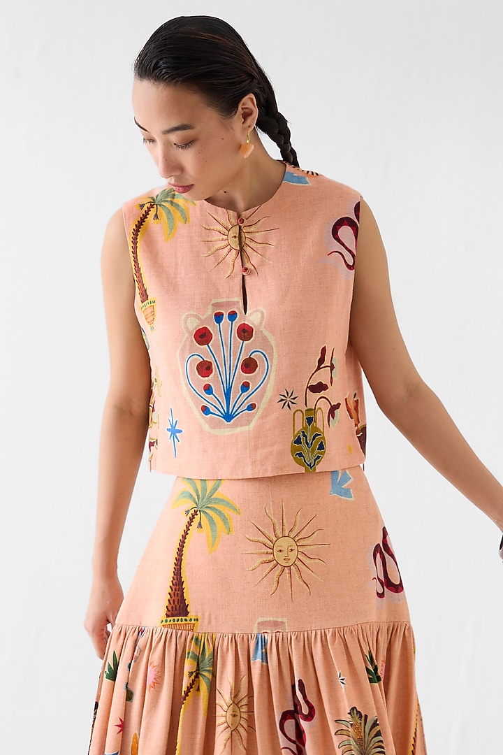 Peach Linen Hand Painted Skirt Set by Studio Rigu at Pernia's Pop Up Shop