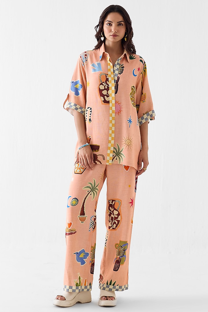 Peach Linen Hand Painted Co-Ord Set by Studio Rigu at Pernia's Pop Up Shop
