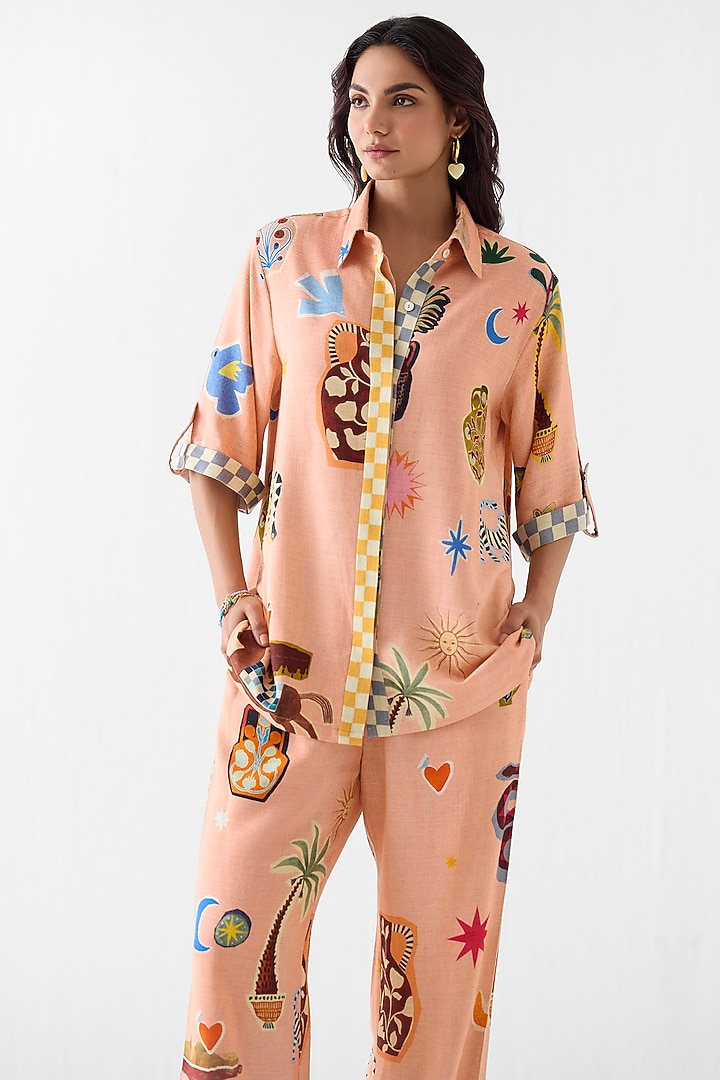 Peach Linen Hand Painted Co-Ord Set by Studio Rigu at Pernia's Pop Up Shop
