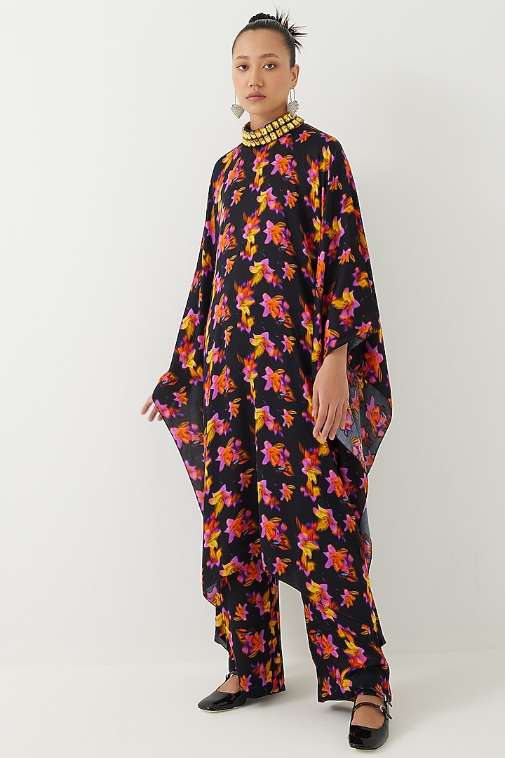 Black Vegan Silk Digital Printed Co-Ord Set by Studio Rigu at Pernia's Pop Up Shop