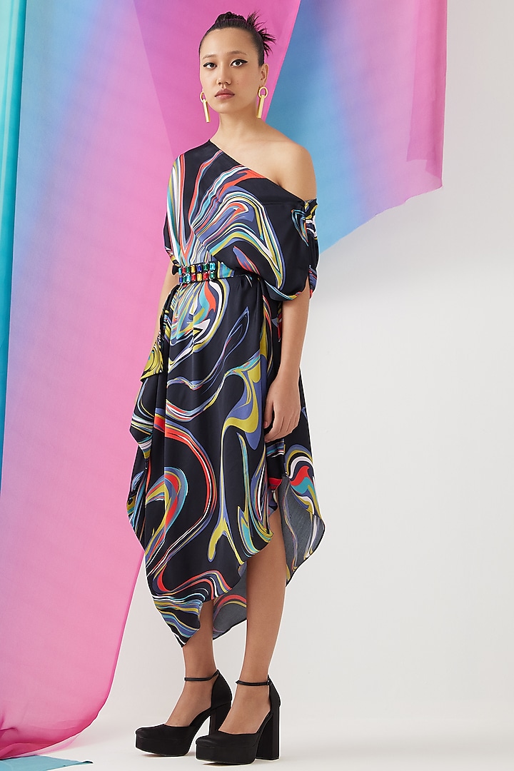 Black Vegan Silk Printed Draped Dress by Studio Rigu at Pernia's Pop Up Shop