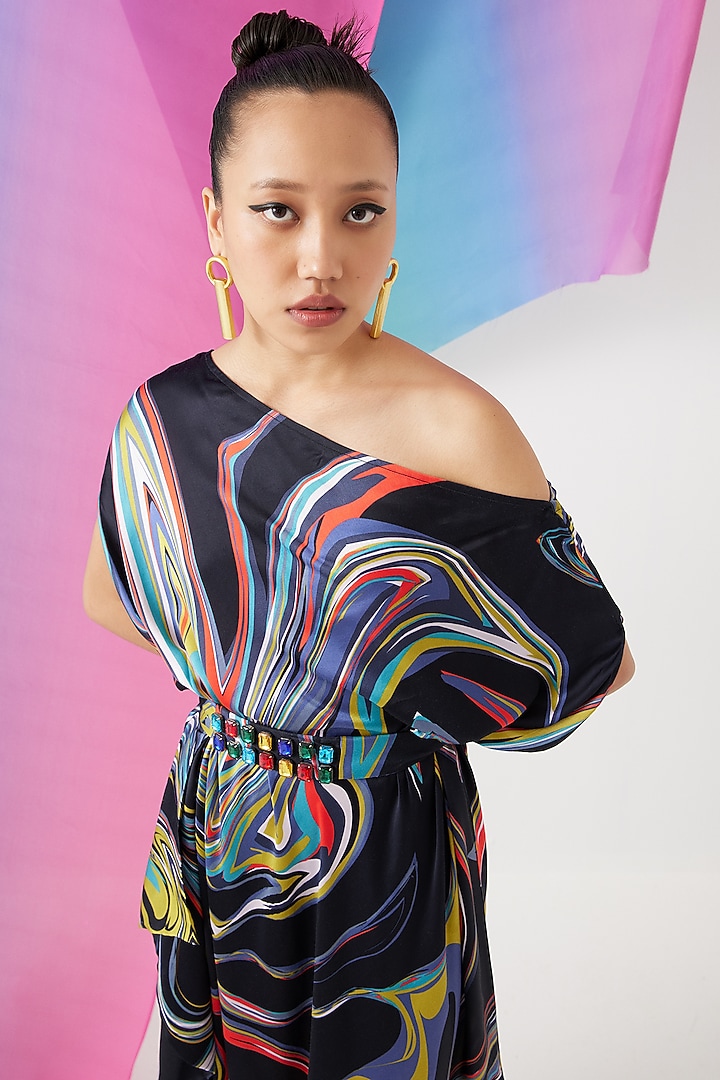 Black Vegan Silk Printed Draped Summer Dress by Studio Rigu at Pernia's Pop Up Shop