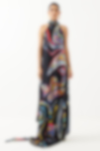 Black Vegan Silk Printed Handcrafted Dress by Studio Rigu