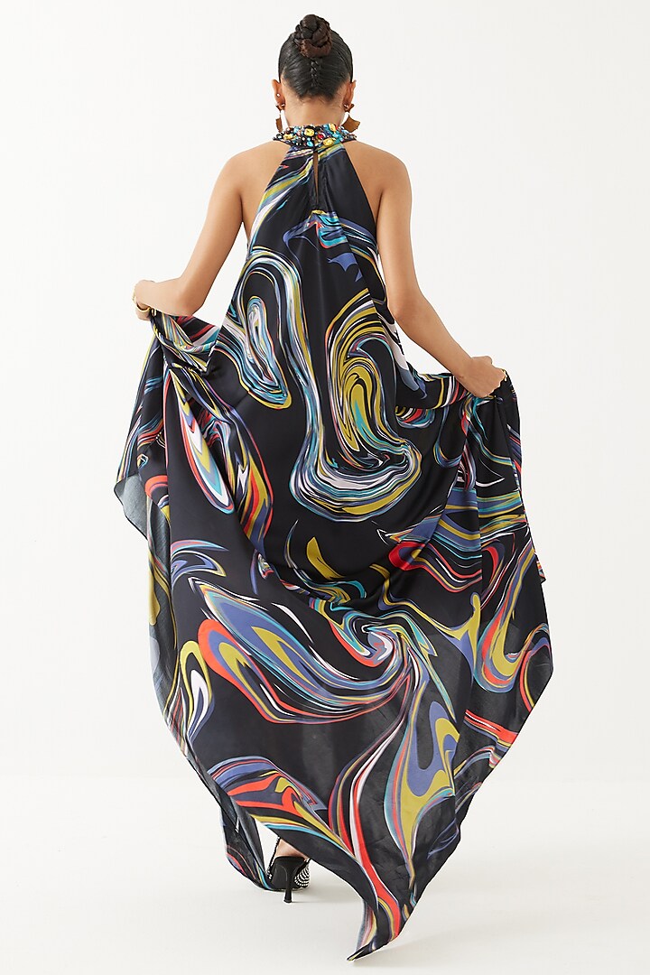 Black Vegan Silk Printed Handcrafted Summer Dress by Studio Rigu at Pernia's Pop Up Shop