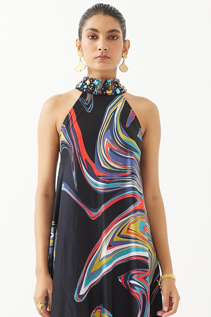 Black Vegan Silk Printed Handcrafted Summer Dress by Studio Rigu at Pernia's Pop Up Shop