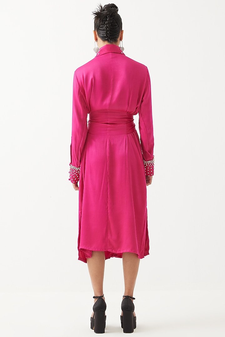 Rani Pink Viscose Satin Hand-Dyed Vacation Shirt Dress by Studio Rigu at Pernia's Pop Up Shop