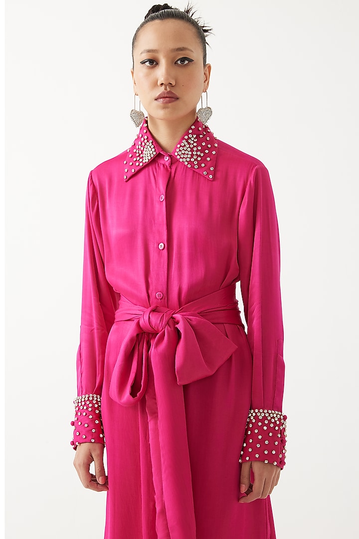 Rani Pink Viscose Satin Hand-Dyed Vacation Shirt Dress by Studio Rigu at Pernia's Pop Up Shop